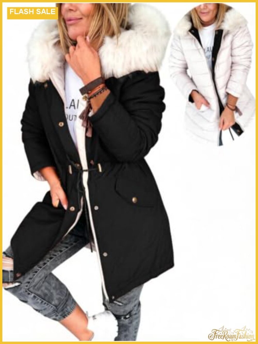 Womens Reversible Puffer Down Parka Faux Fur Hood Winter Coat